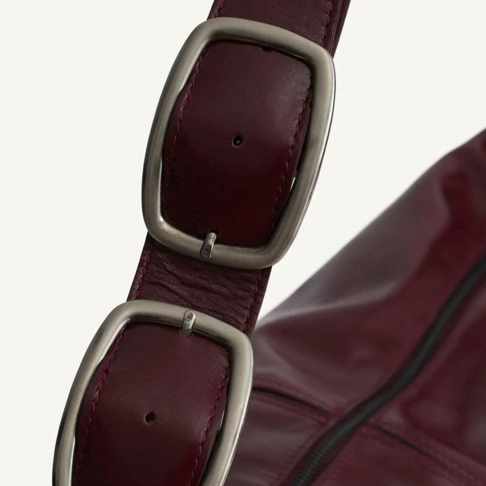 ZARA Large Burgundy Leather Crescent Shoulder Bag Double Buckle Strap Zip  close